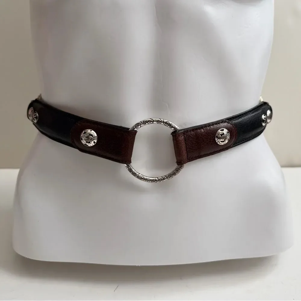 Brighton Black & Brown Leather Concho Silver Circle Buckle Belt B60209 Size 32